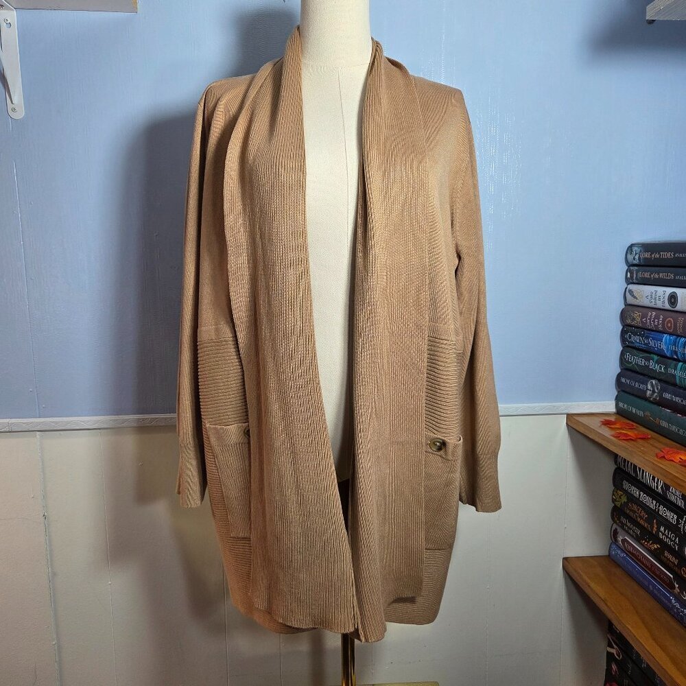 Chelsea & Theodore Beige Ribbed Open Longsleeve Casual Fall Holiday Cardigan